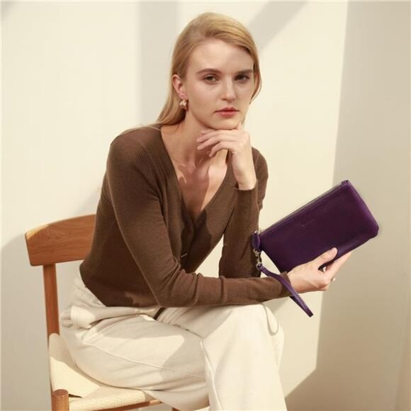 Women's Genuine Italian Leather Wristlet Clutch Wallet Purse, Gold Zipper - Picture 3 of 6